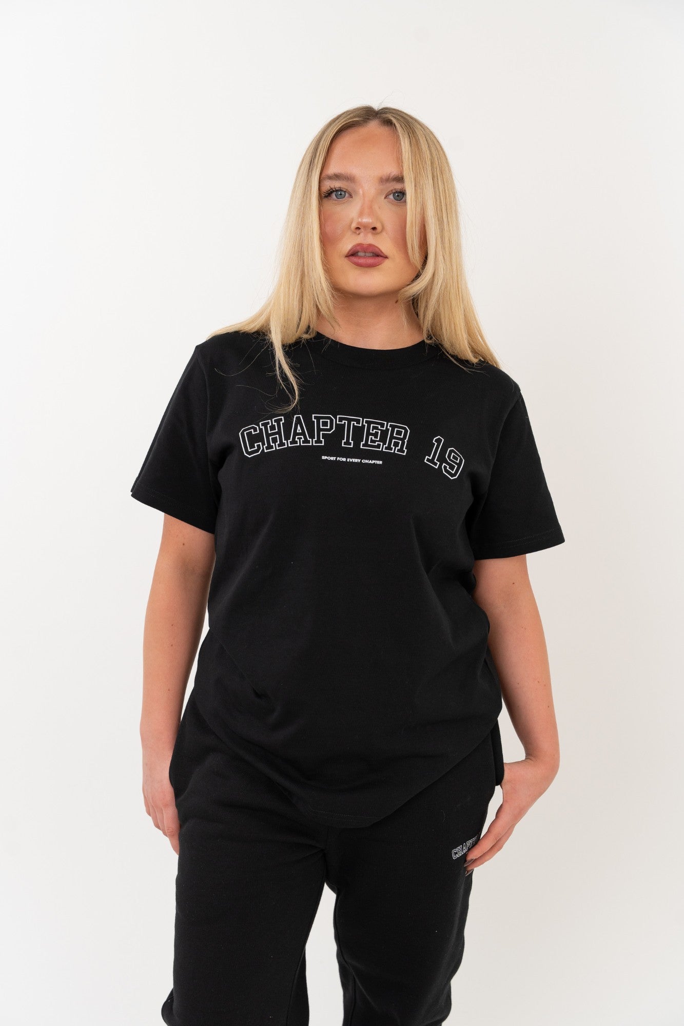 front view essential black chapter 19 t-shirt for women dancers UK