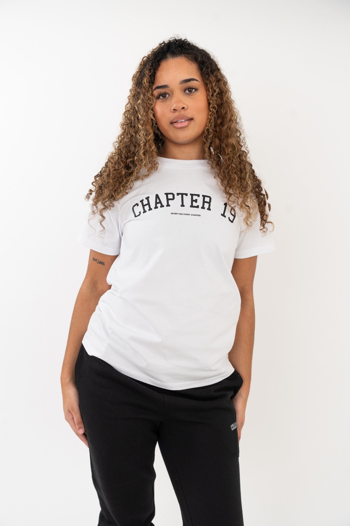 women's white essential t-shirt, front view chapter 19