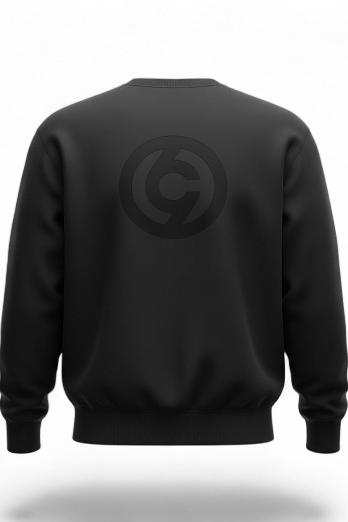 Black sweatshirt with a logo on the back against a white background