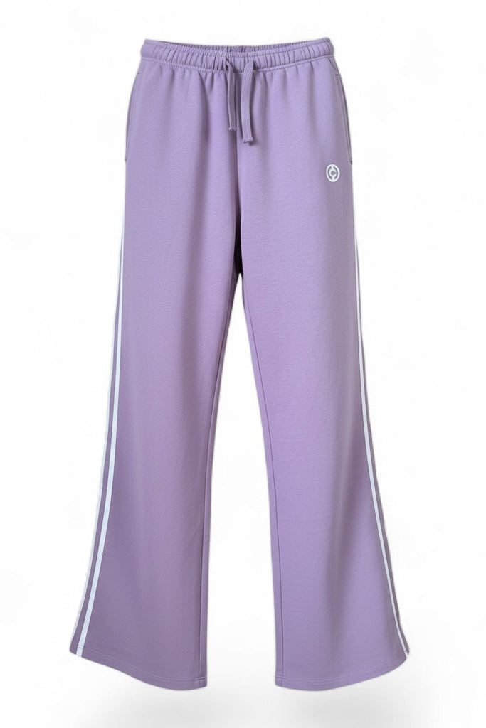 Purple sweatpants with a logo on a white background