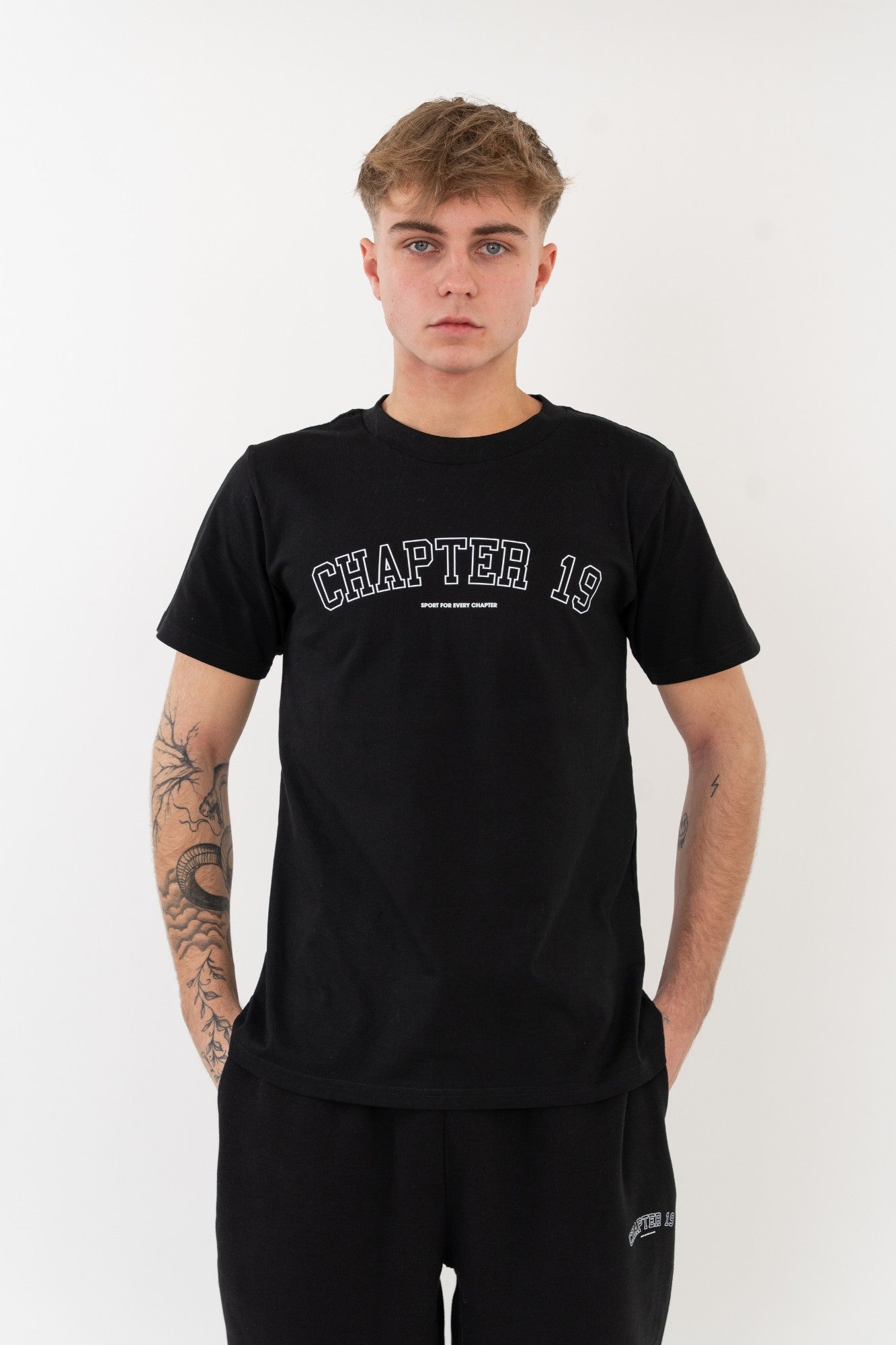 front detail of essential mens black tshirt chapter 19 UK