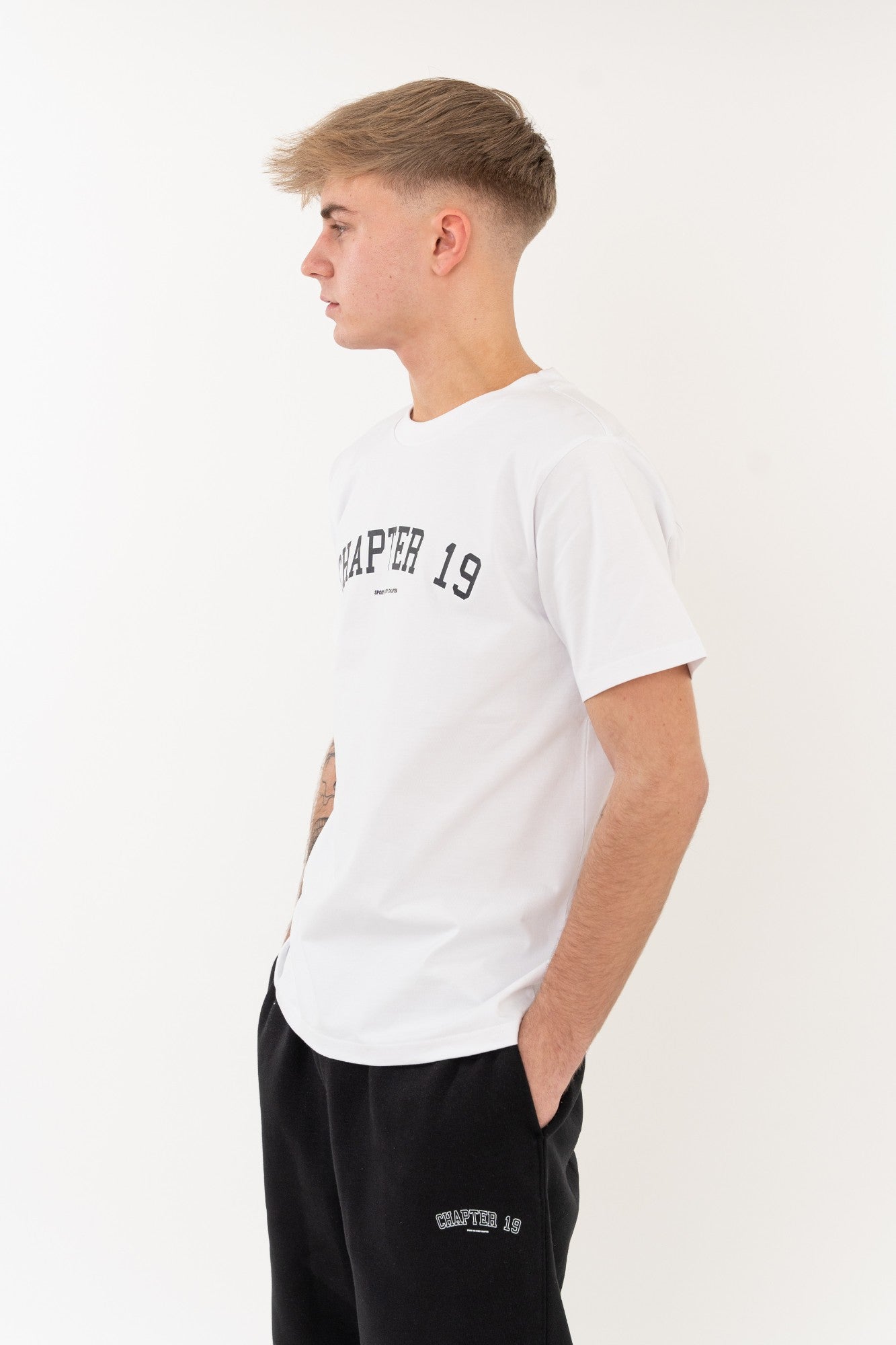 side detail of Chapter 19 essential white stylish mens tshirt