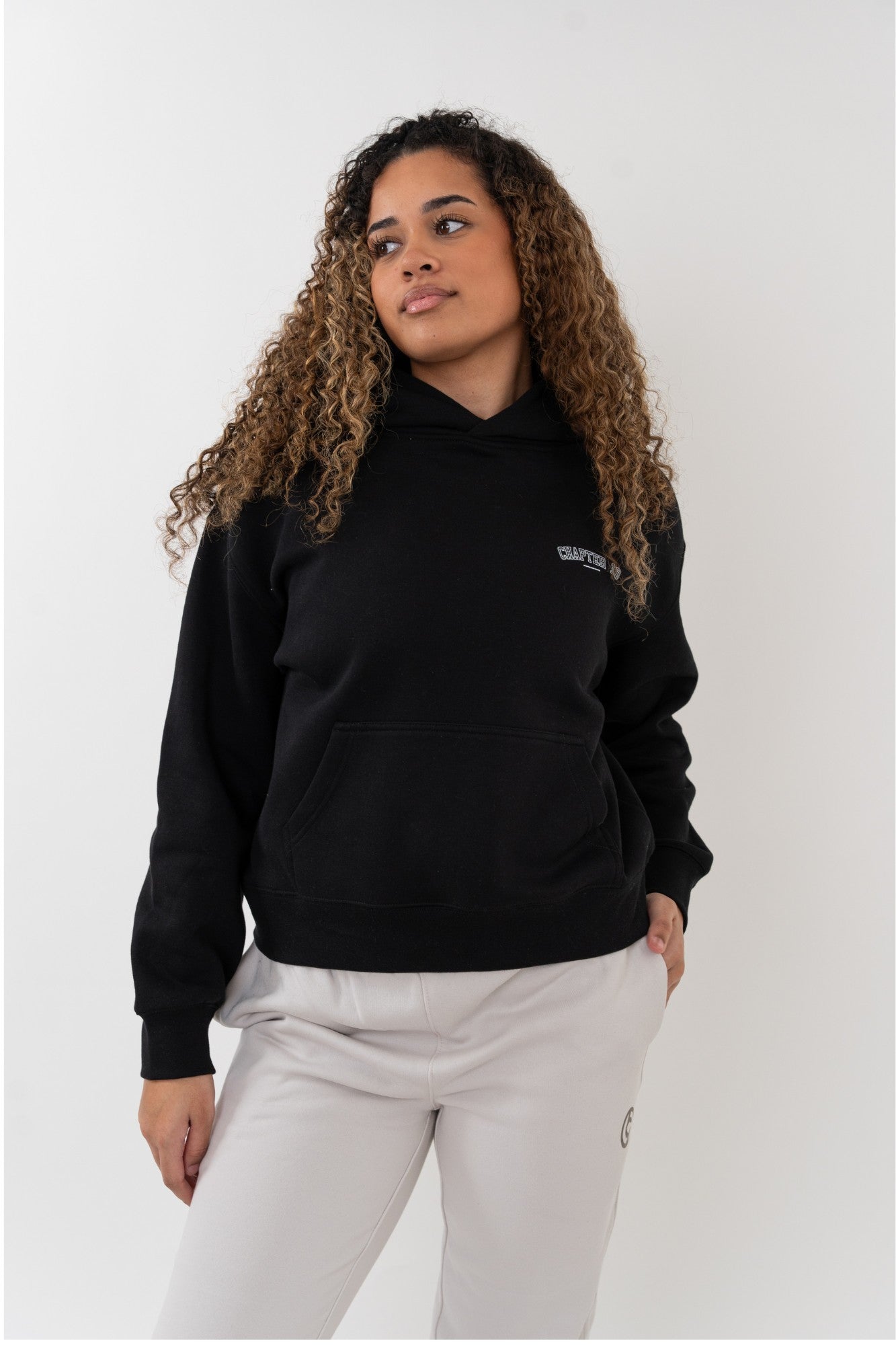 Front detail womens black chapter 19 essential comfort hoodie