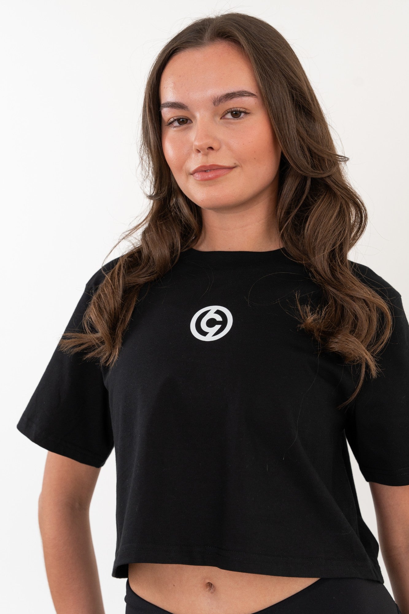 close up front detail black cropped tshirt for dancers in UK