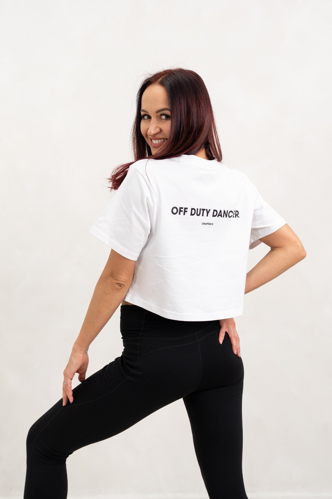 rear detail of off duty white cropped tshirt for female dancers