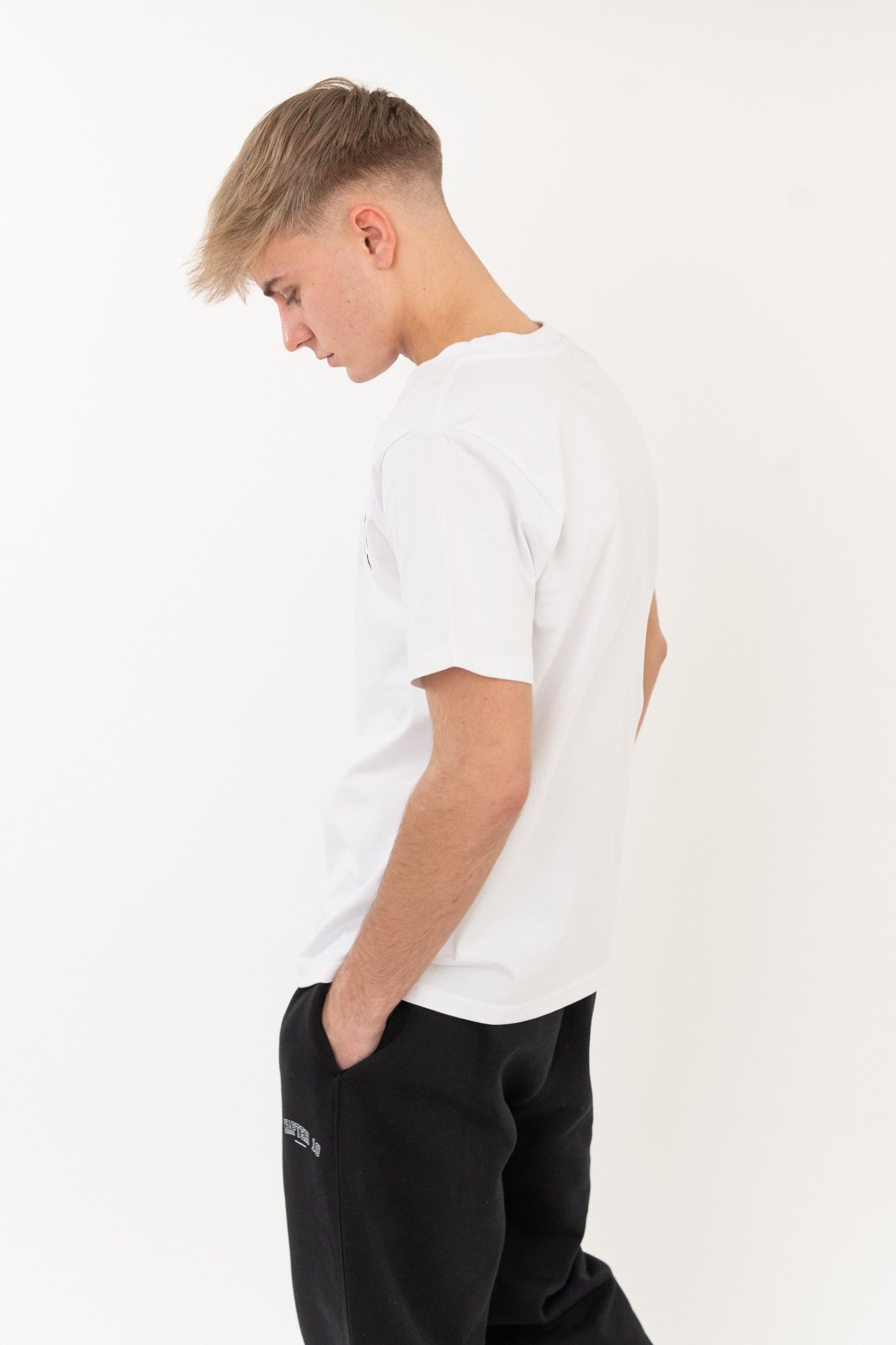 rear view detail of mens white essential tshirt