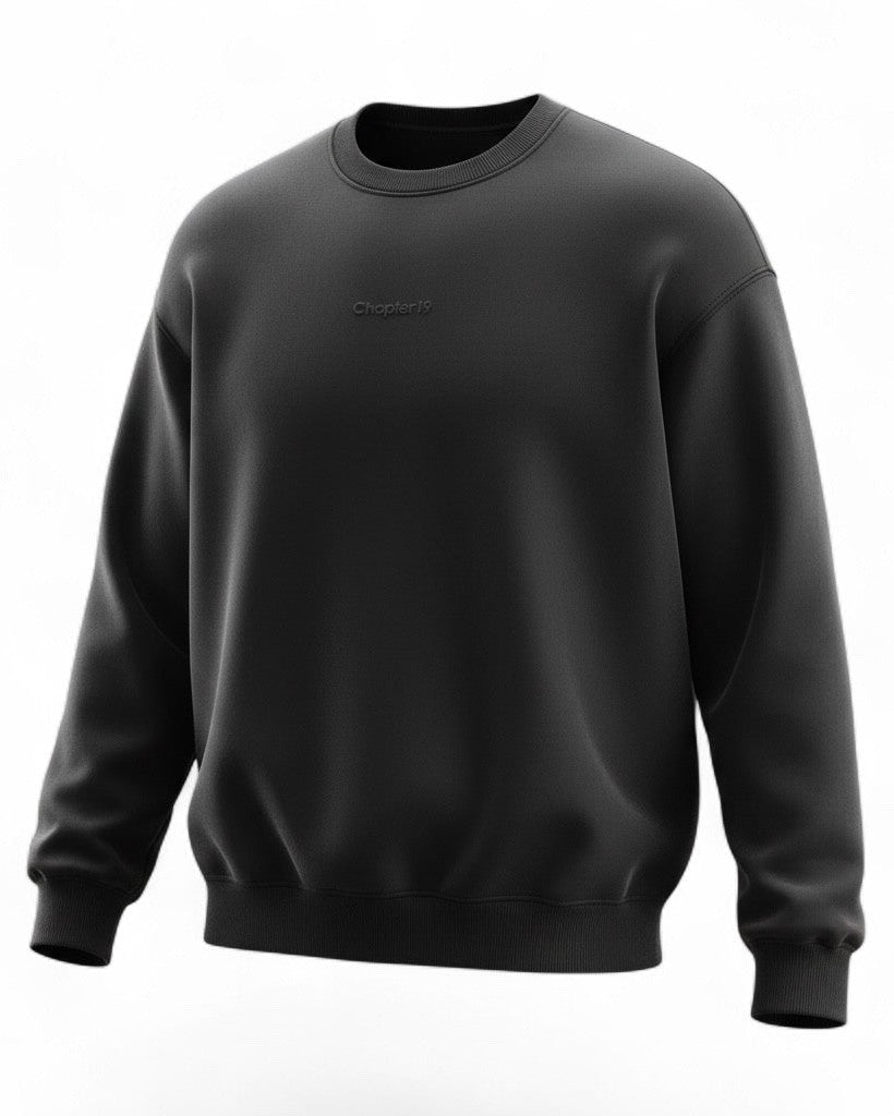 Black sweatshirt with chapter 19 brand logo on front