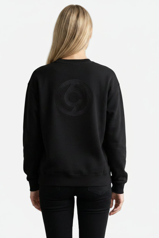 Person wearing a black sweatshirt with a logo on the back against a plain background