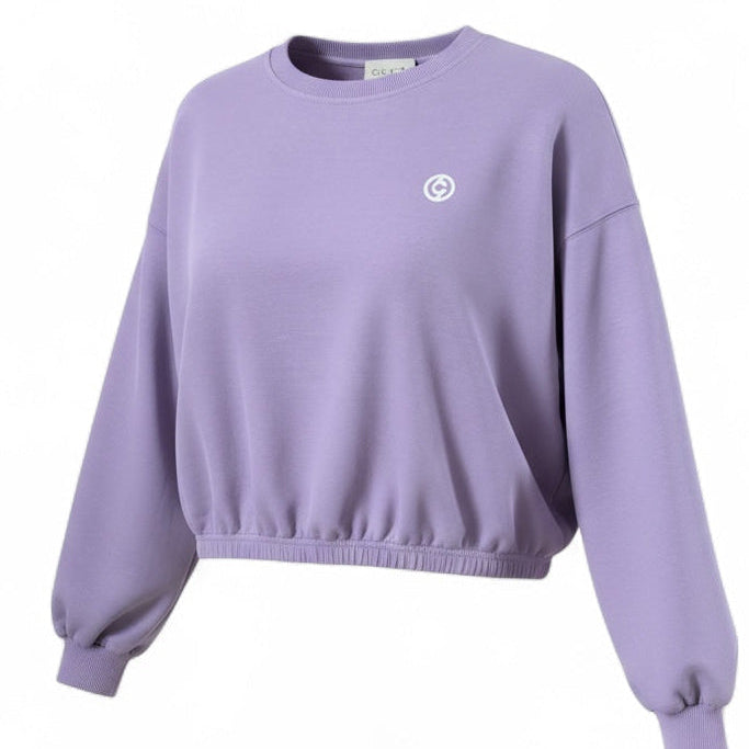 Purple sweatshirt with a small logo on a white background