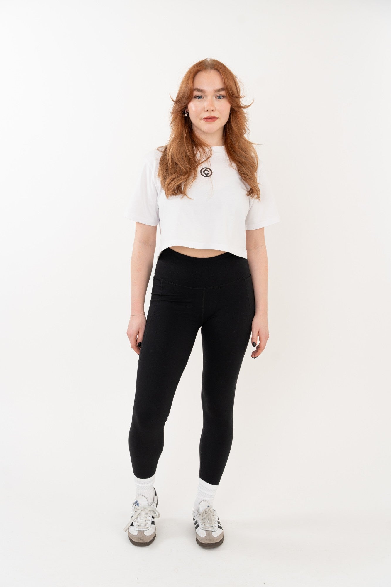 front detail of C19 white womens cropped tshirt for dancers and 