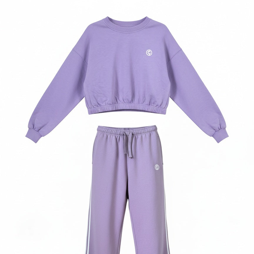 Purple sweatshirt and pants set on a white background